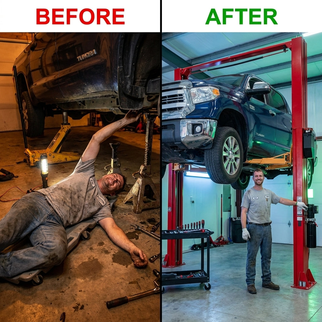 12000 Lbs Extra Height 167Inch 2 Post Lift Two Post Car Lift AK-M120 Auto Lift Car Lift Hoist 2 Post Car Lift (Extra Height, Red) — Before & After