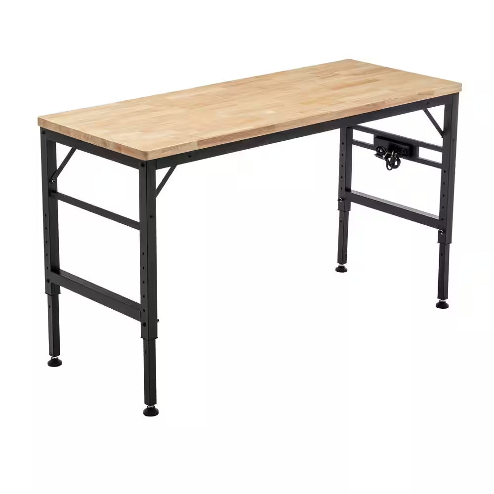 Adjustable Height Workbench, 60" Rubber Wood Top Heavy Duty Workstation with Power Outlets, Hardwood Worktable