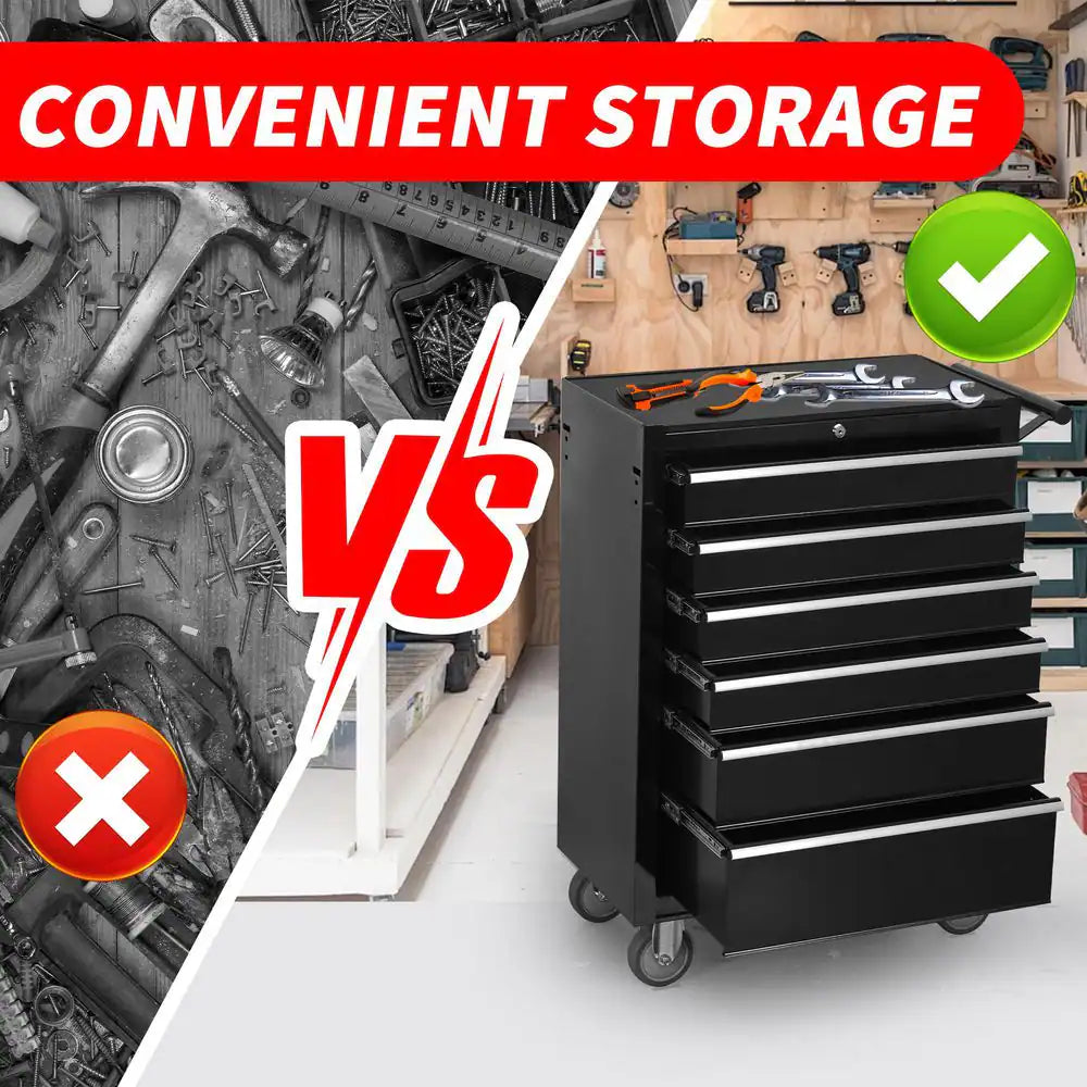 24 In. 6-Drawer Rolling Tool Chest Cabinet, Large Capacity Metal Toolbox with Wheels and Locking, Workshop-Black