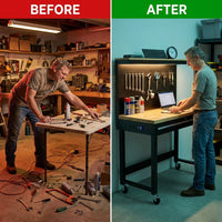 24 In. W Adjustable Workbench, Heavy Duty Wood Desktop Workbench with Wheels, Rolling Workbench with USB Outlet, Hooks — Before & After