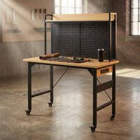24 In. W Adjustable Workbench, Heavy Duty Wood Desktop Workbench with Wheels, Rolling Workbench with USB Outlet, Hooks — Studio Shot