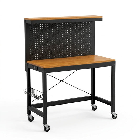 24 In. W Adjustable Workbench, Heavy Duty Wood Desktop Workbench with Wheels, Rolling Workbench with USB Outlet, Hooks — Studio Shot