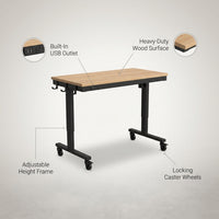 24 In. W Adjustable Workbench, Heavy Duty Wood Desktop Workbench with Wheels, Rolling Workbench with USB Outlet, Hooks — infographic