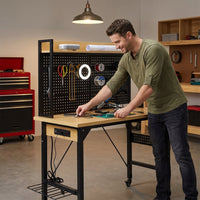 24 In. W Adjustable Workbench, Heavy Duty Wood Desktop Workbench with Wheels, Rolling Workbench with USB Outlet, Hooks — Lifestyle