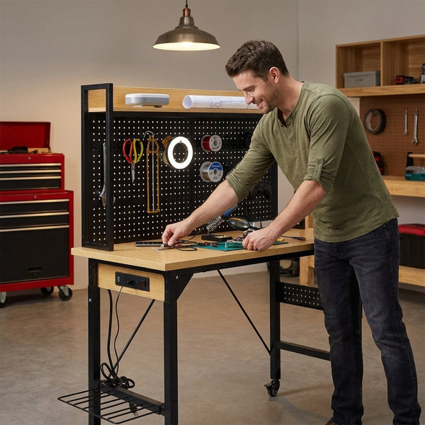 Adjustable Workbench Built to Last, Heavy Duty Wood Desktop, Rolling Wheels, USB Outlet, Storage Hooks