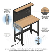 24 In. W Adjustable Workbench, Heavy Duty Wood Desktop Workbench with Wheels, Rolling Workbench with USB Outlet, Hooks — How It Works