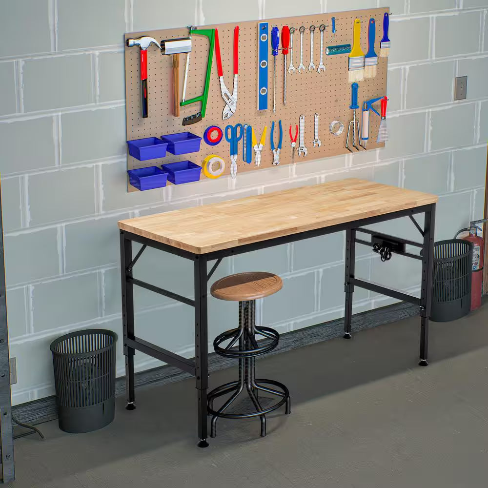 Adjustable Height Workbench, 60" Rubber Wood Top Heavy Duty Workstation with Power Outlets, Hardwood Worktable