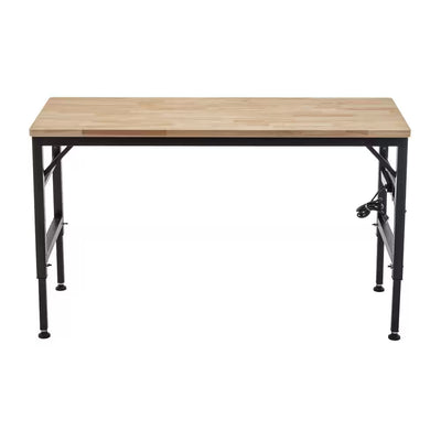 Adjustable Height Workbench, 60" Rubber Wood Top Heavy Duty Workstation with Power Outlets, Hardwood Worktable