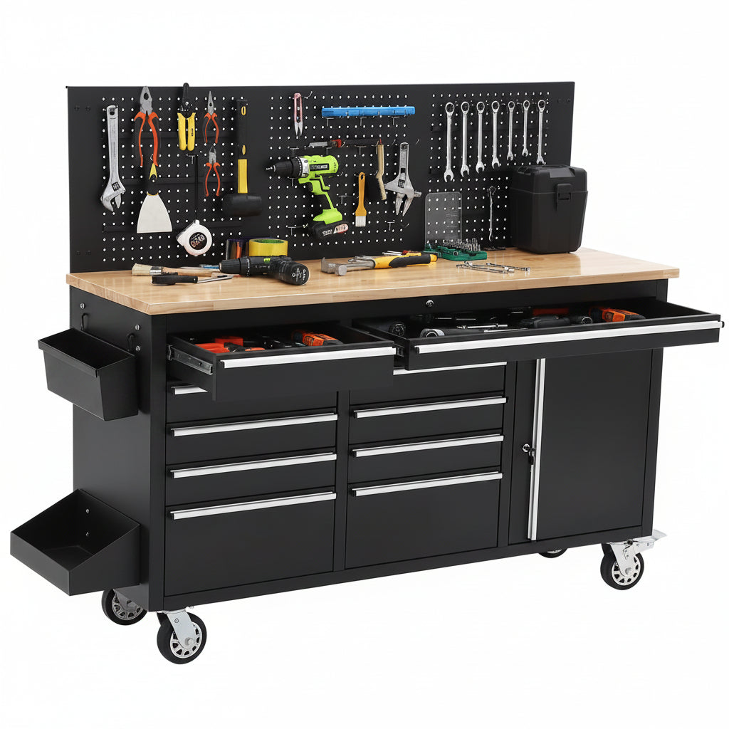 Tool Chest Workbench, 61-Inch Rolling Tool Chest with Wheels, 10 Drawers, Multifunctional Tool Cart Mechanic Tool Storage Cabinet for Garage, Assembled Large Tool Box Storage Cabinet, Black
