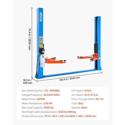 2 Post Lift, 9000 lbs Capacity, 220V 2.95 HP Powerful Motor, Two Post Car Lift Auto Hoist for Sedan SUV Pickup, Automotive Hoist 74.8 Inch Height for Home Garage, Repair Shop, Workshop, Blue