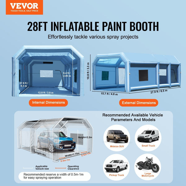 Inflatable Paint Booth, 27.9 x 15.7 x 10.8 ft Inflatable Spray Booth, Portable Car Paint Booth for Small Truck, with 950W+750W Powerful Blowers and Air Filter System, Large Motorcycle, Midsize S
