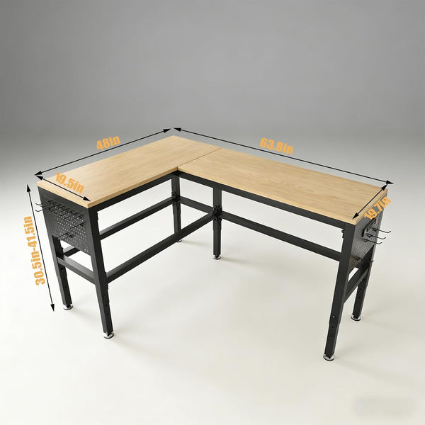 64" Heavy Duty L-Shaped Workbench with Outlets & Pegboard, Wood | 2000 LBS Load Capacity Adjustable Height Work Table for Garage & Workshop, Matte Black Metal Frame Corner Desk for Crafting