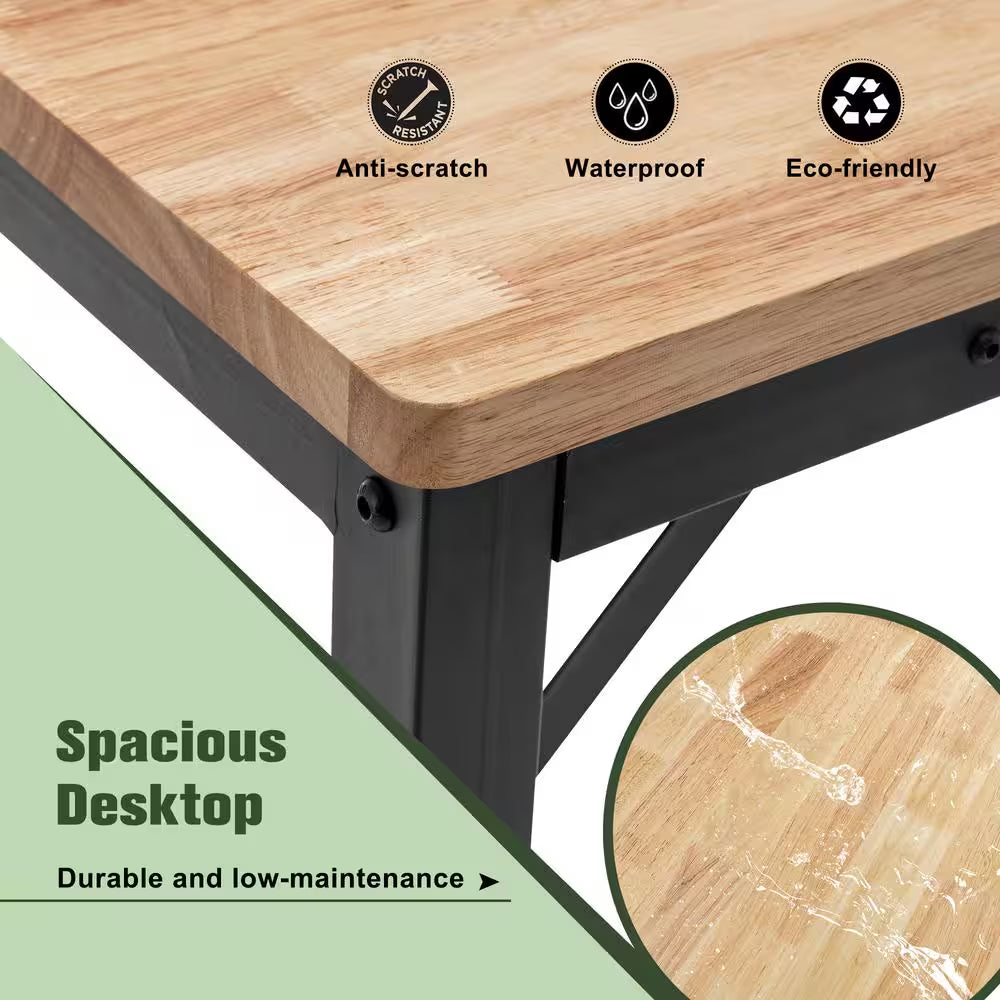 Adjustable Height Workbench, 60" Rubber Wood Top Heavy Duty Workstation with Power Outlets, Hardwood Worktable