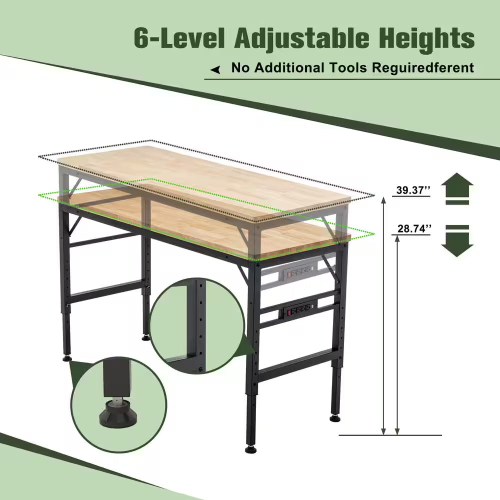 Adjustable Height Workbench, 60" Rubber Wood Top Heavy Duty Workstation with Power Outlets, Hardwood Worktable