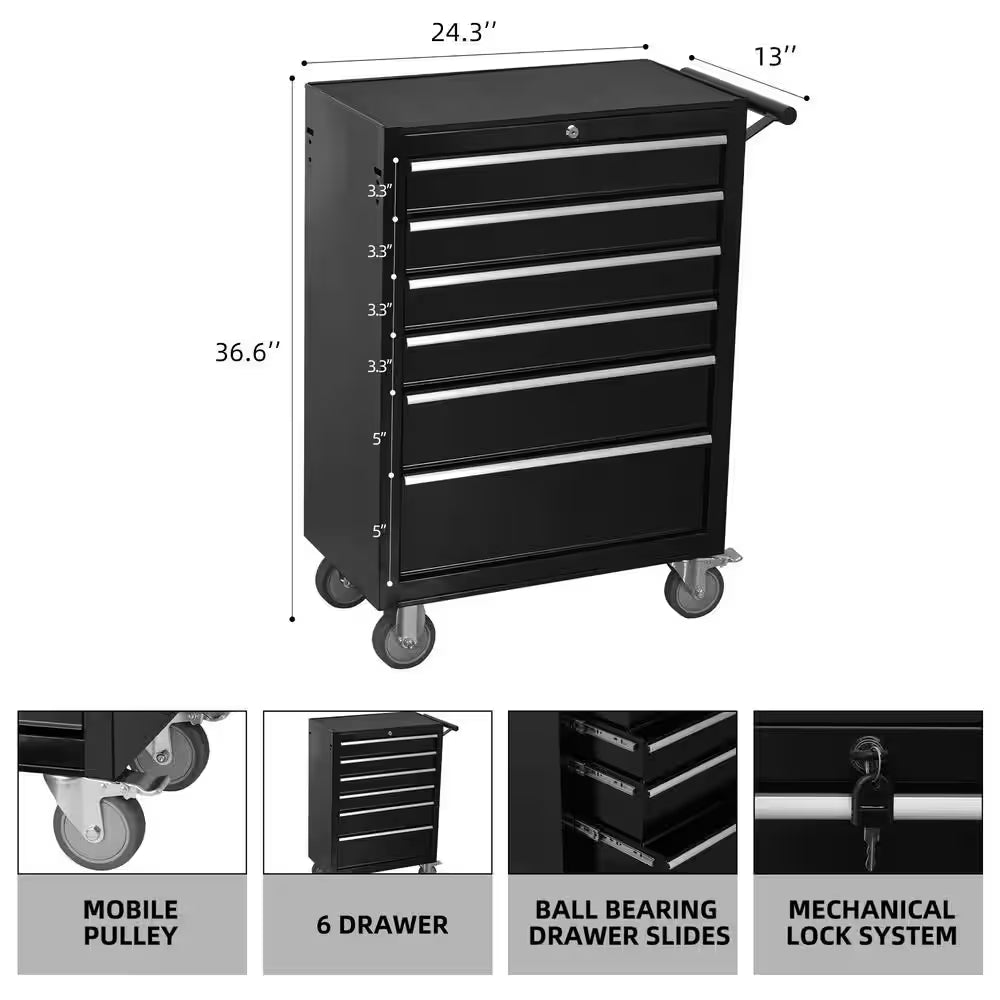 24 In. 6-Drawer Rolling Tool Chest Cabinet, Large Capacity Metal Toolbox with Wheels and Locking, Workshop-Black