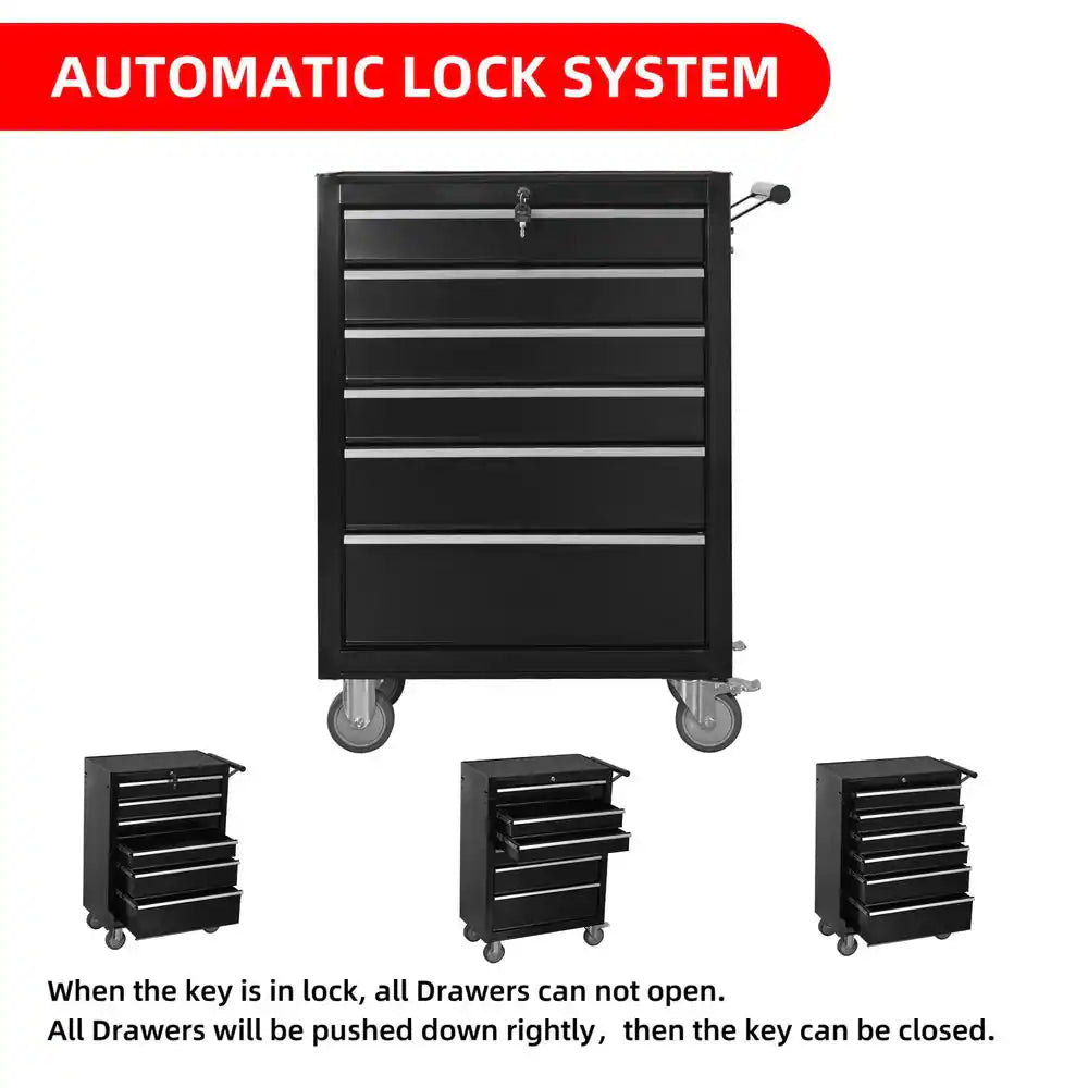 24 In. 6-Drawer Rolling Tool Chest Cabinet, Large Capacity Metal Toolbox with Wheels and Locking, Workshop-Black