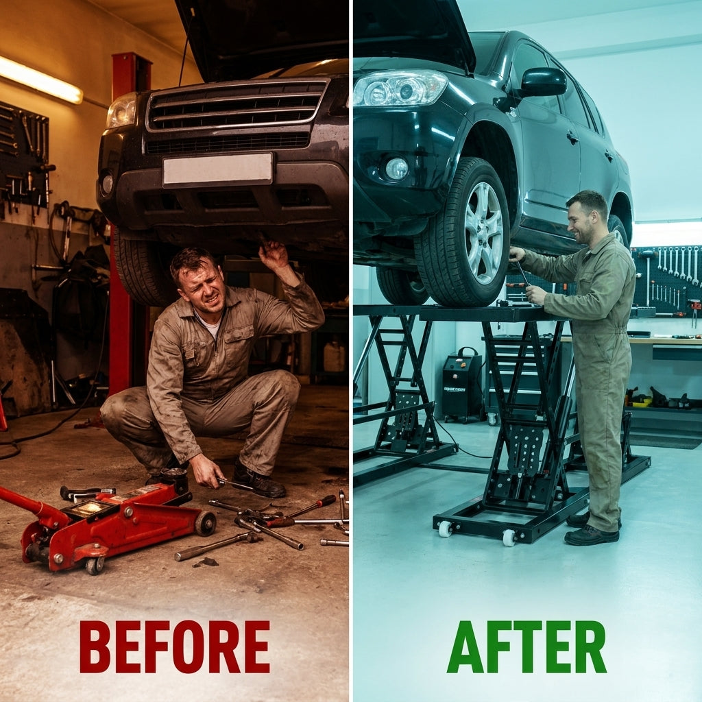 Car Lift, 25.6 Max. Height, 5, 000 LBS Capacity Portable Car Lift, with Extended-Length Plates, Heavy-Duty Carbon Steel Truck Lift with 120V Power Unit, Auto Car Jack Lifts for Home Garage Shop — Before & After