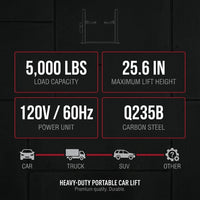 Car Lift, 25.6 Max. Height, 5, 000 LBS Capacity Portable Car Lift, with Extended-Length Plates, Heavy-Duty Carbon Steel Truck Lift with 120V Power Unit, Auto Car Jack Lifts for Home Garage Shop — Results & Stats