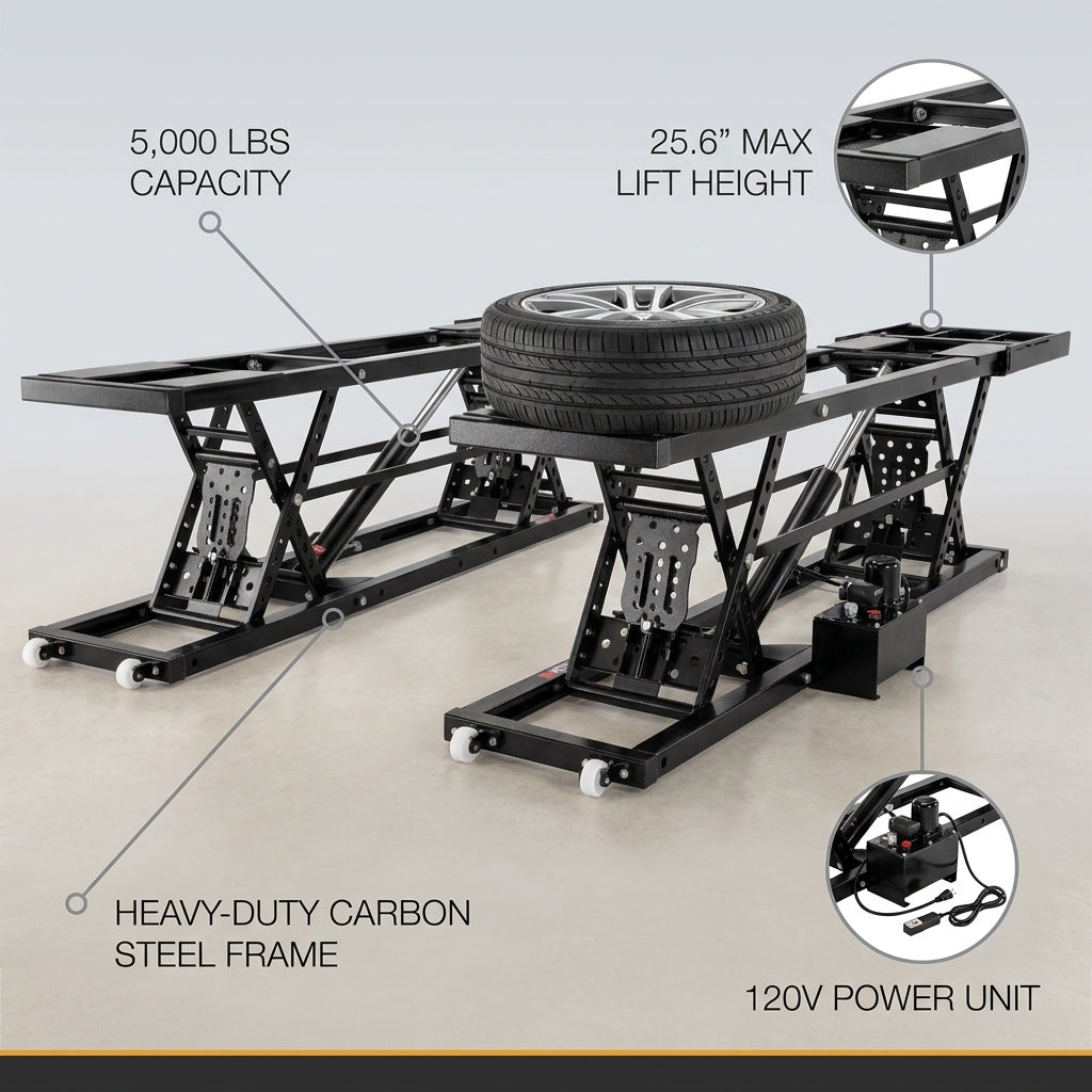 Car Lift, 25.6 Max. Height, 5, 000 LBS Capacity Portable Car Lift, with Extended-Length Plates, Heavy-Duty Carbon Steel Truck Lift with 120V Power Unit, Auto Car Jack Lifts for Home Garage Shop — infographic