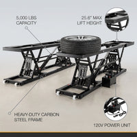 Car Lift, 25.6 Max. Height, 5, 000 LBS Capacity Portable Car Lift, with Extended-Length Plates, Heavy-Duty Carbon Steel Truck Lift with 120V Power Unit, Auto Car Jack Lifts for Home Garage Shop — infographic