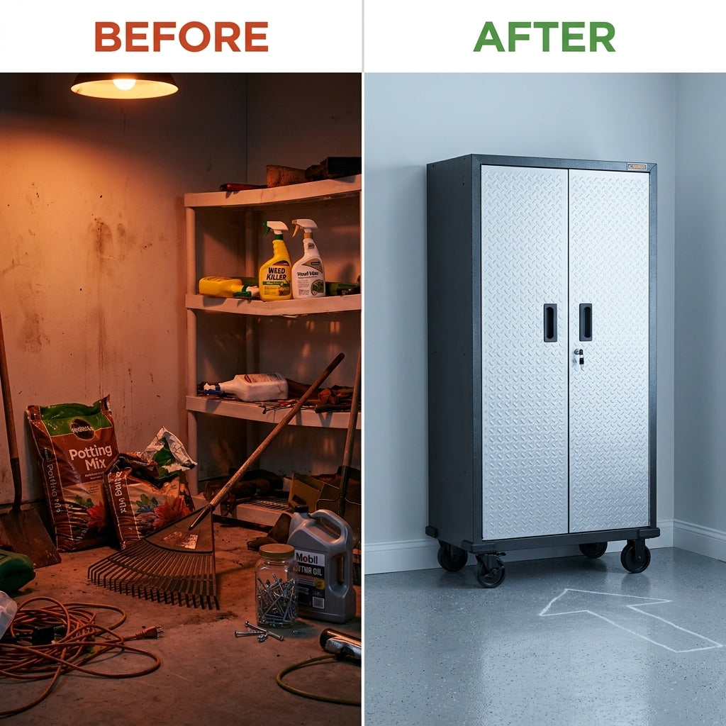Premier Series Pre-Assembled Steel Freestanding Garage Cabinet in Silver with Casters (30 In. W X 65 In. H X 18 In. D) — Before & After