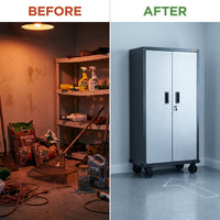Premier Series Pre-Assembled Steel Freestanding Garage Cabinet in Silver with Casters (30 In. W X 65 In. H X 18 In. D) — Before & After