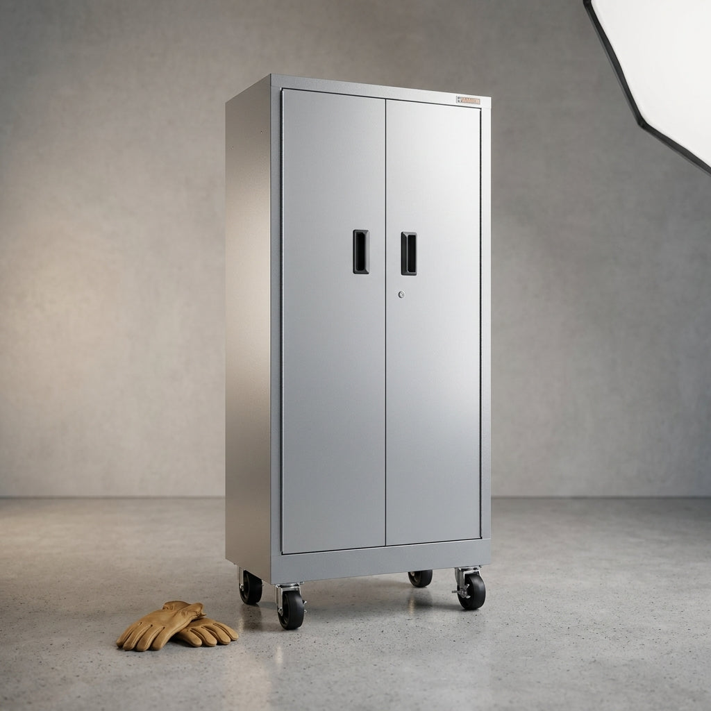 Premier Series Pre-Assembled Steel Freestanding Garage Cabinet in Silver with Casters (30 In. W X 65 In. H X 18 In. D) — Studio Shot