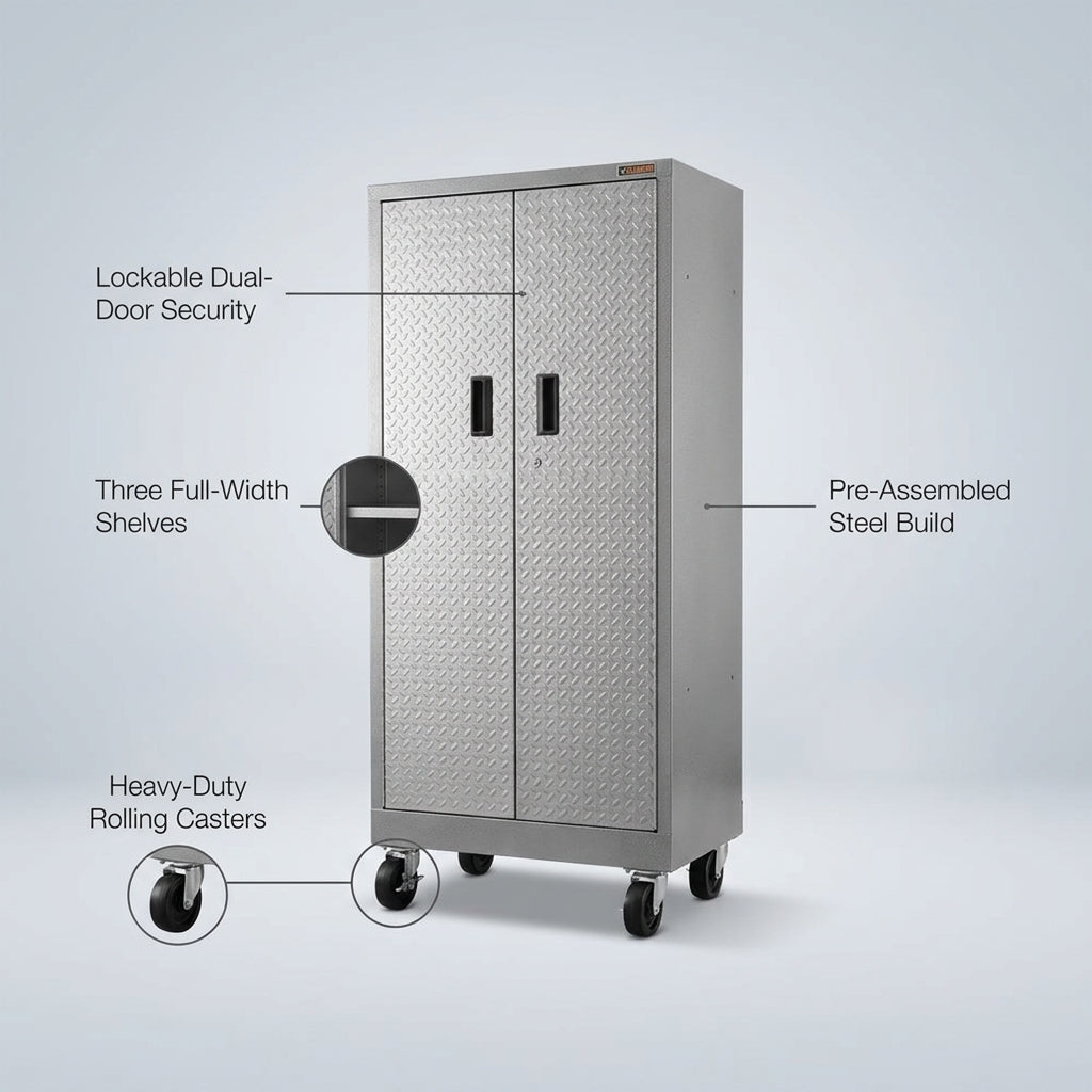 Premier Series Pre-Assembled Steel Freestanding Garage Cabinet in Silver with Casters (30 In. W X 65 In. H X 18 In. D) — infographic