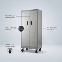 Premier Series Pre-Assembled Steel Freestanding Garage Cabinet in Silver with Casters (30 In. W X 65 In. H X 18 In. D) — infographic