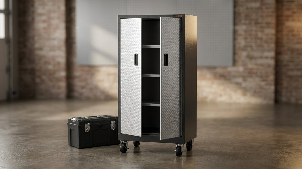 Premier Series Pre-Assembled Steel Freestanding Garage Cabinet in Silver with Casters (30 In. W X 65 In. H X 18 In. D) — Lifestyle
