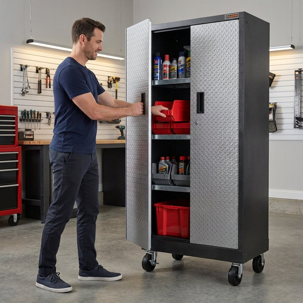 Premier Series Pre-Assembled Steel Freestanding Garage Cabinet in Silver with Casters (30 In. W X 65 In. H X 18 In. D) — Lifestyle