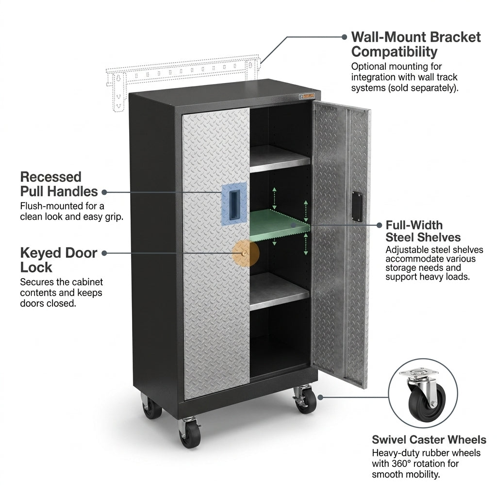 Premier Series Pre-Assembled Steel Freestanding Garage Cabinet in Silver with Casters (30 In. W X 65 In. H X 18 In. D) — How It Works
