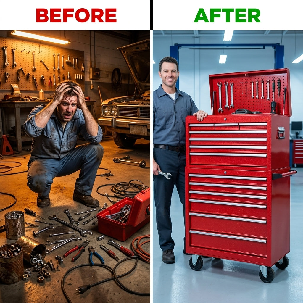 Tool Chest 18-Drawer | 66'' Large Rolling Tool Chest with Wheels | Detachable Top Metal Tool Box with Gas Struts | Lockable Rolling Tool Cabinet with Liners,Power Strip | Garage, Repair Shop, Workshop — Before & After