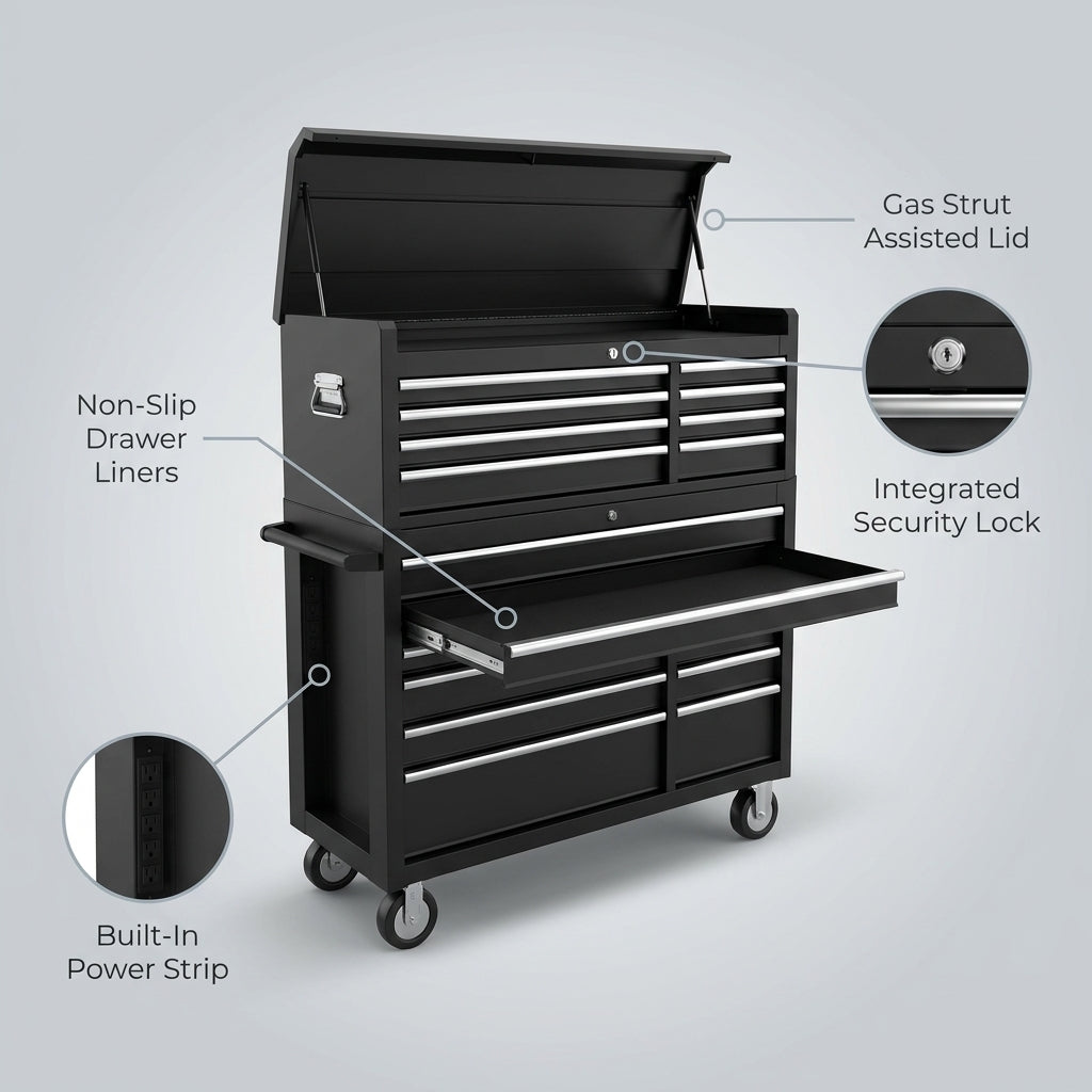 Tool Chest 18-Drawer | 66'' Large Rolling Tool Chest with Wheels | Detachable Top Metal Tool Box with Gas Struts | Lockable Rolling Tool Cabinet with Liners,Power Strip | Garage, Repair Shop, Workshop — infographic