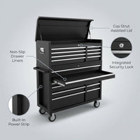 Tool Chest 18-Drawer | 66'' Large Rolling Tool Chest with Wheels | Detachable Top Metal Tool Box with Gas Struts | Lockable Rolling Tool Cabinet with Liners,Power Strip | Garage, Repair Shop, Workshop — infographic
