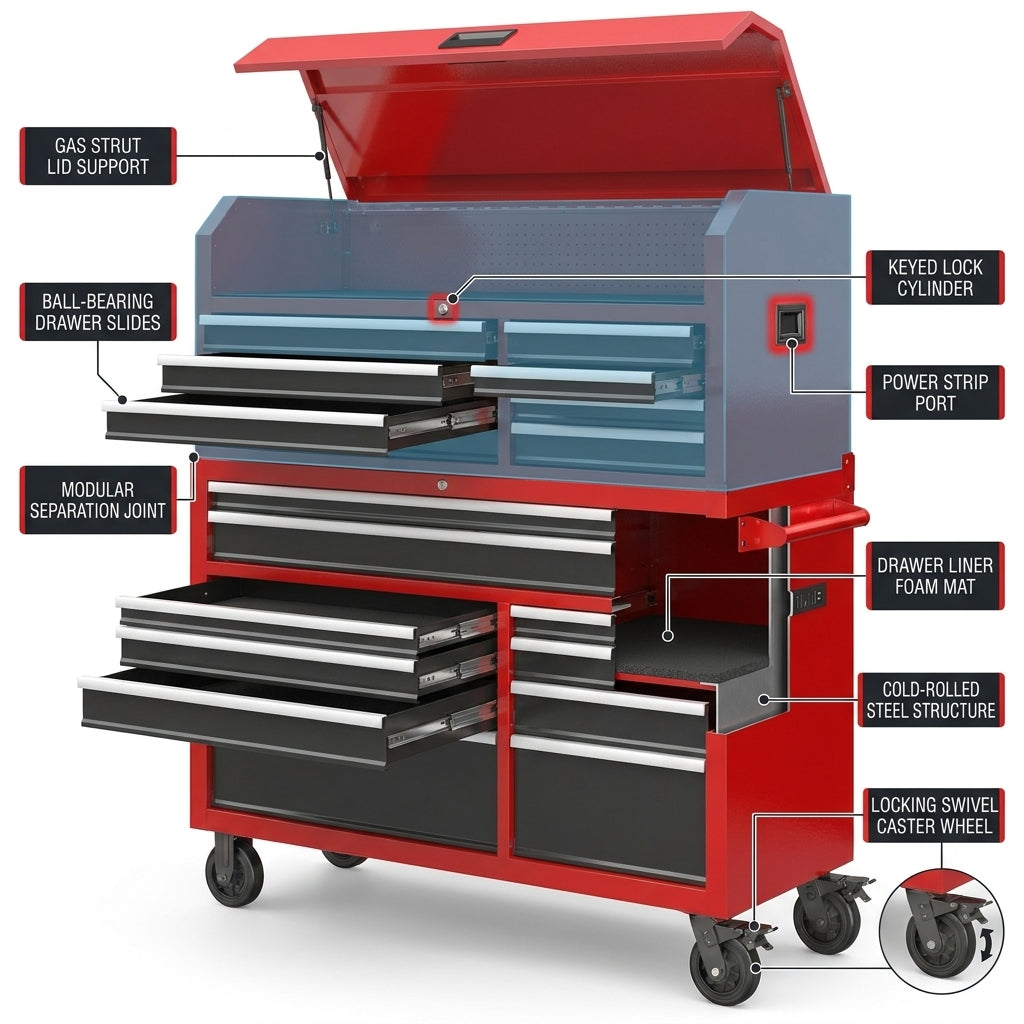 Tool Chest 18-Drawer | 66'' Large Rolling Tool Chest with Wheels | Detachable Top Metal Tool Box with Gas Struts | Lockable Rolling Tool Cabinet with Liners,Power Strip | Garage, Repair Shop, Workshop — How It Works