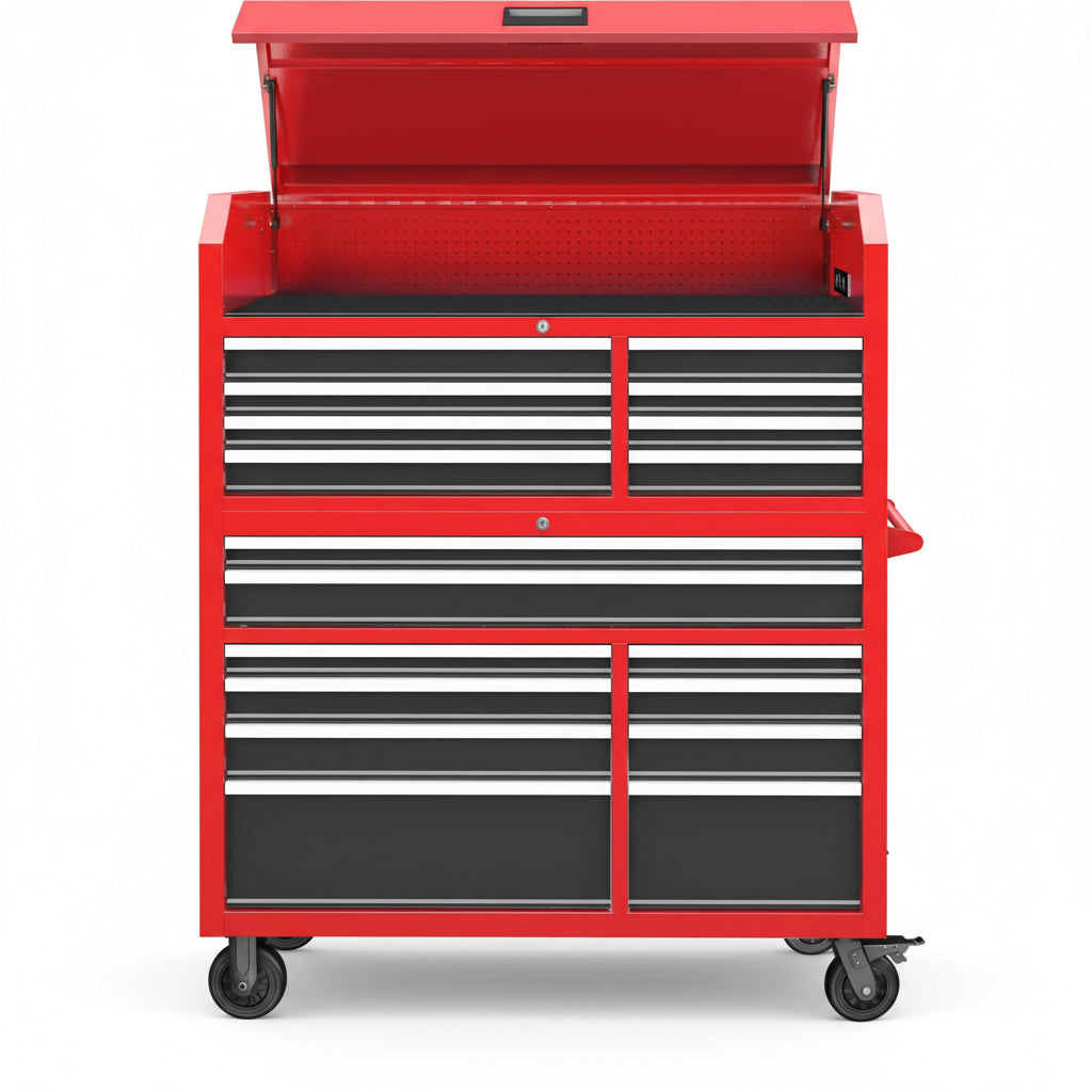 Rolling Tool Chest Built to Organize Any Workshop, 18-Drawer, Detachable Top Box, Gas Struts, Power Strip