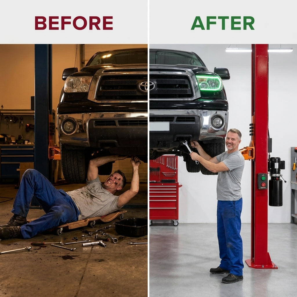 Two Post Car Lift Built for Professional Service, 12,000 lb Capacity, 167 Inch Height, Hydraulic Chain Drive — Before & After