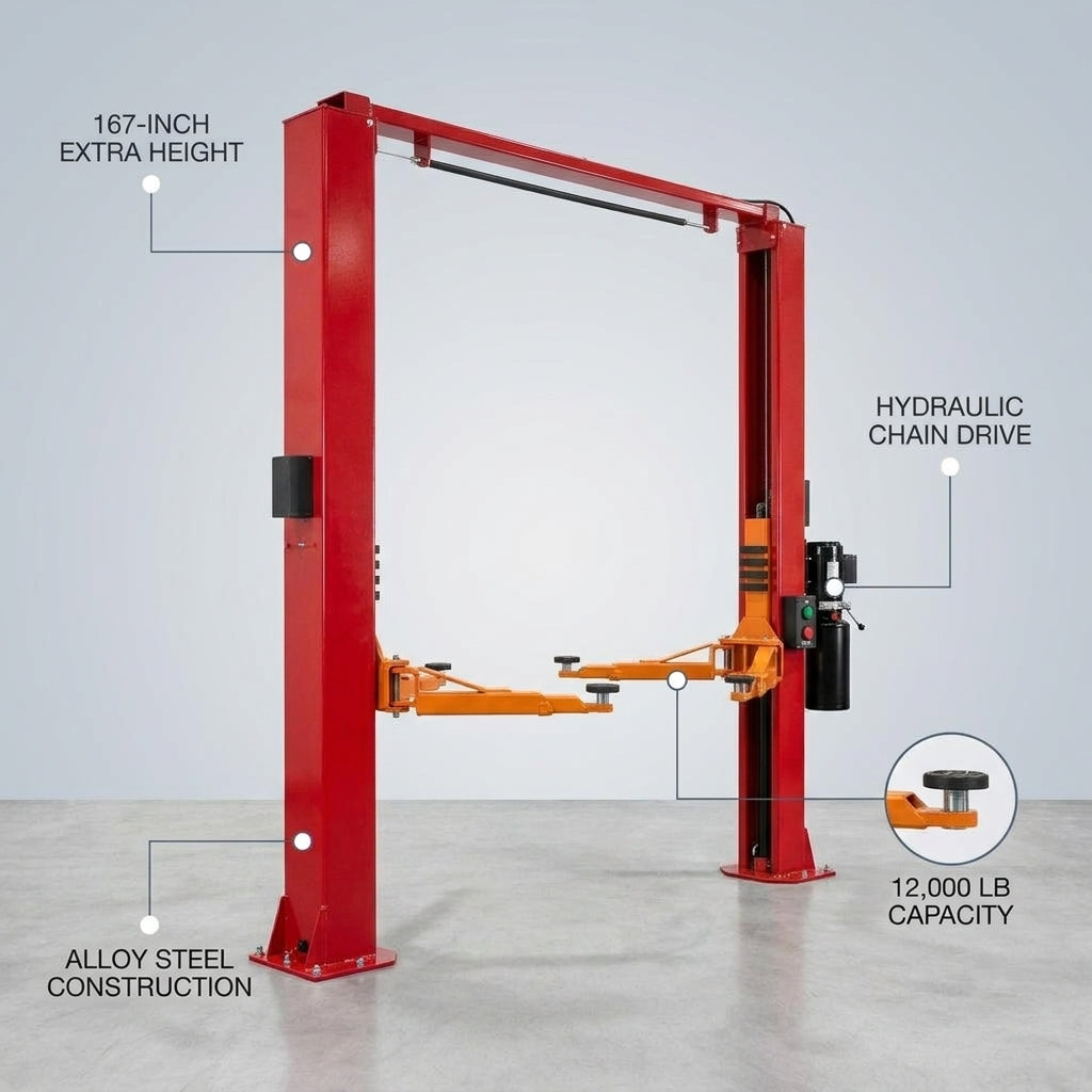 Two Post Car Lift Built for Professional Service, 12,000 lb Capacity, 167 Inch Height, Hydraulic Chain Drive — infographic