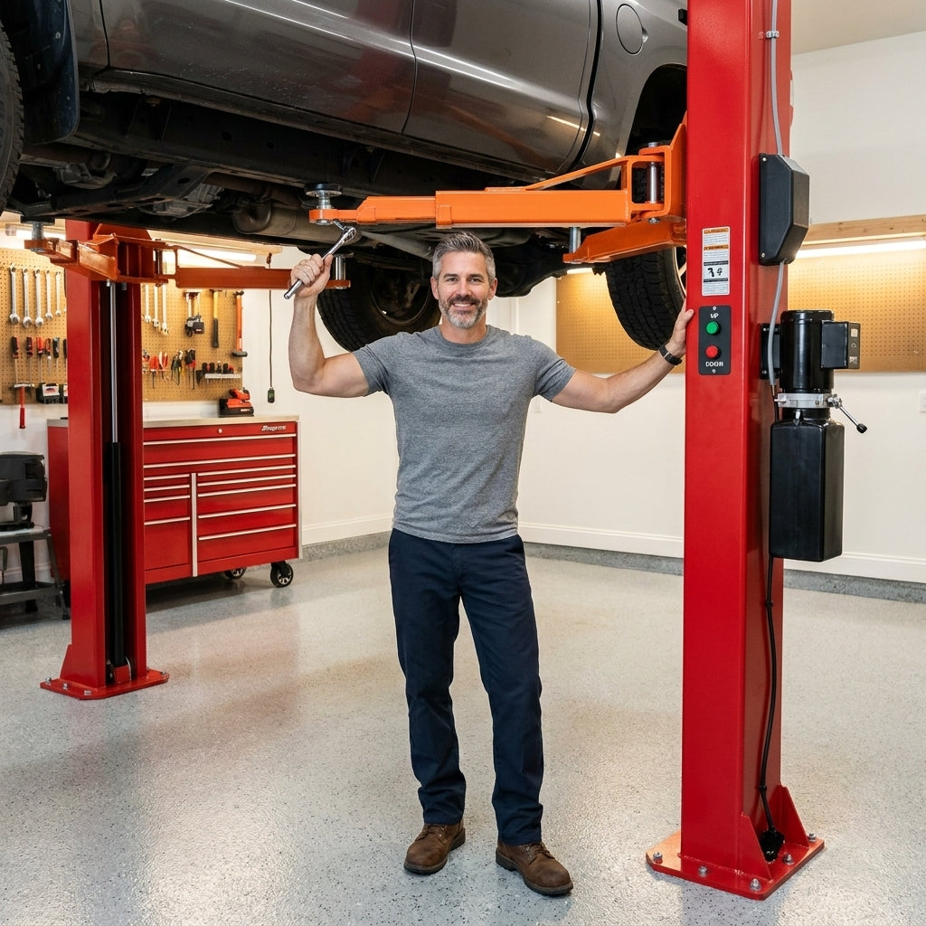 Two Post Car Lift Built for Professional Service, 12,000 lb Capacity, 167 Inch Height, Hydraulic Chain Drive — Lifestyle