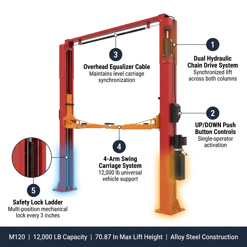 Two Post Car Lift Built for Professional Service, 12,000 lb Capacity, 167 Inch Height, Hydraulic Chain Drive — How It Works