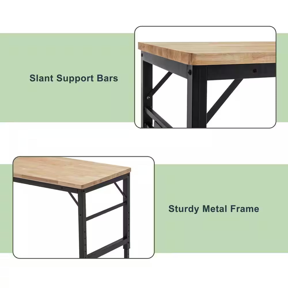 Adjustable Height Workbench, 60" Rubber Wood Top Heavy Duty Workstation with Power Outlets, Hardwood Worktable