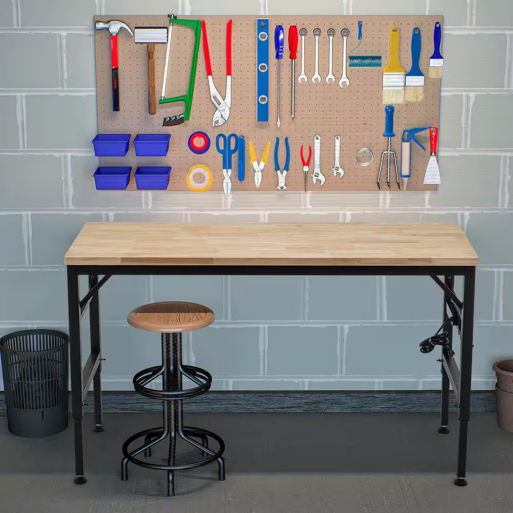 Adjustable Height Workbench, 60" Rubber Wood Top Heavy Duty Workstation with Power Outlets, Hardwood Worktable