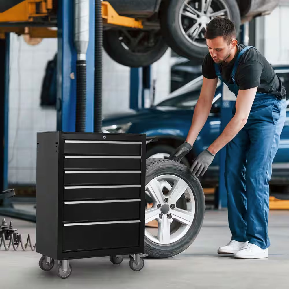 24 In. 6-Drawer Rolling Tool Chest Cabinet, Large Capacity Metal Toolbox with Wheels and Locking, Workshop-Black
